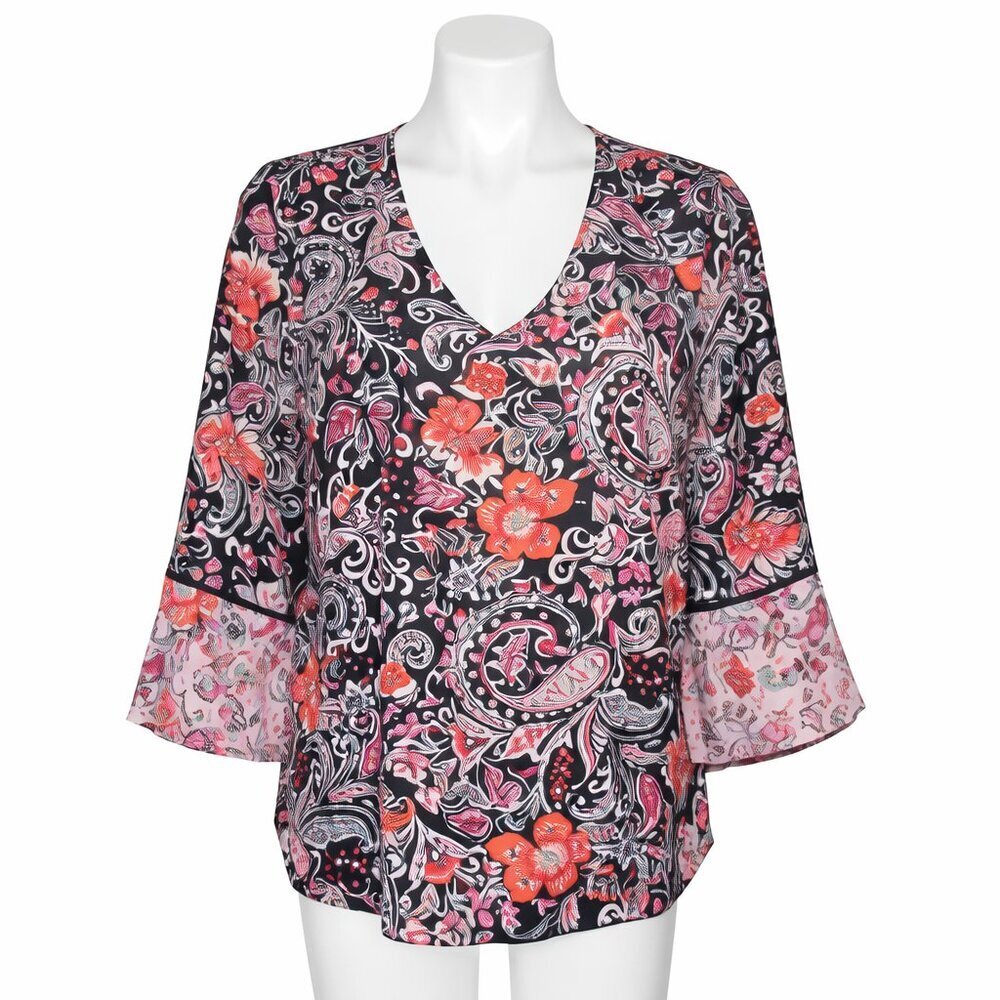 J. Jill Floral Paisley Boho Blouse Size S | Navy Multicolor 3/4 Bell Sleeve Top